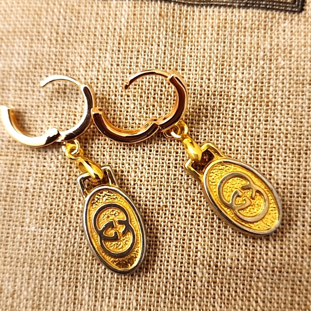 AUTHENTIC Gucci GG Charm Pendants Drop Earrings Customized Gold Plated - Picture 3 of 6